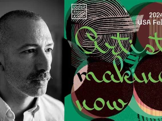 Black and white photo of Farid Matuk and graphic for USA Fellows award
