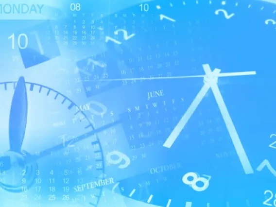 A graphic of different clock faces on a blue background