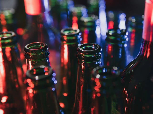 A close up photo of bottle tops with red, green and blue light reflecting off them 