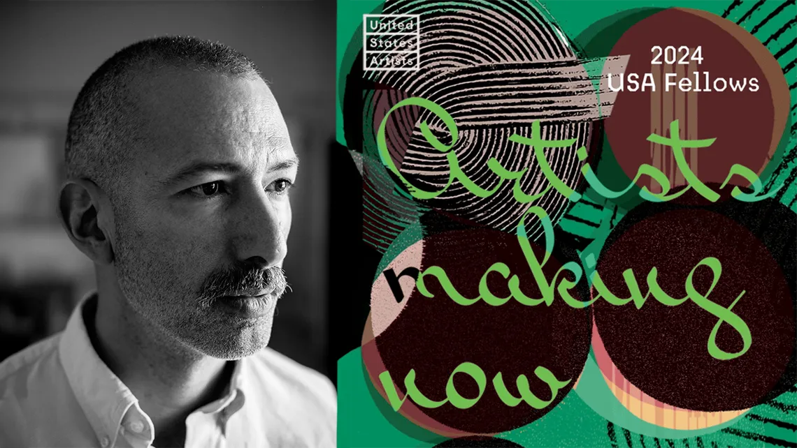 Black and white photo of Farid Matuk and graphic for USA Fellows award