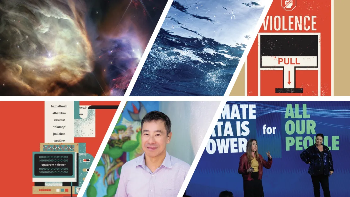 Montage of six photos, representing each story