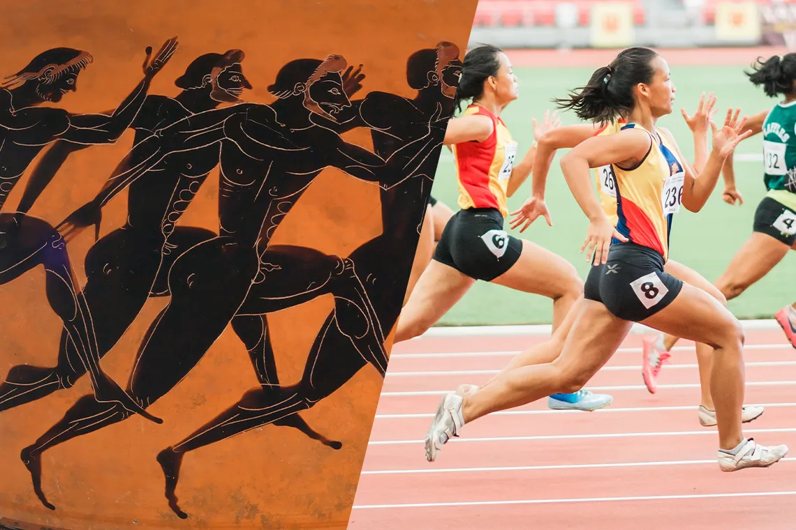 A graphic on the left of ancient Olympians is next to a modern day photo of runners, both in the same kind of race.