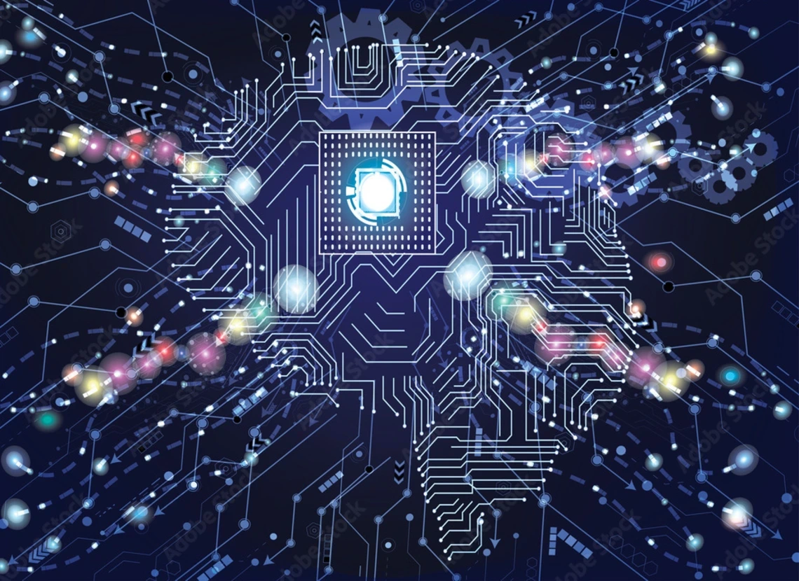 Graphic design of a brain, blended with computer chips