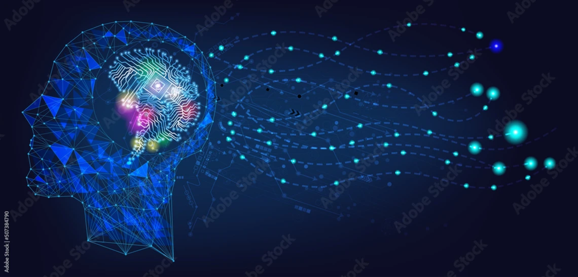 A graphic of a human head and brain with computer chip-looking inside on a blue background