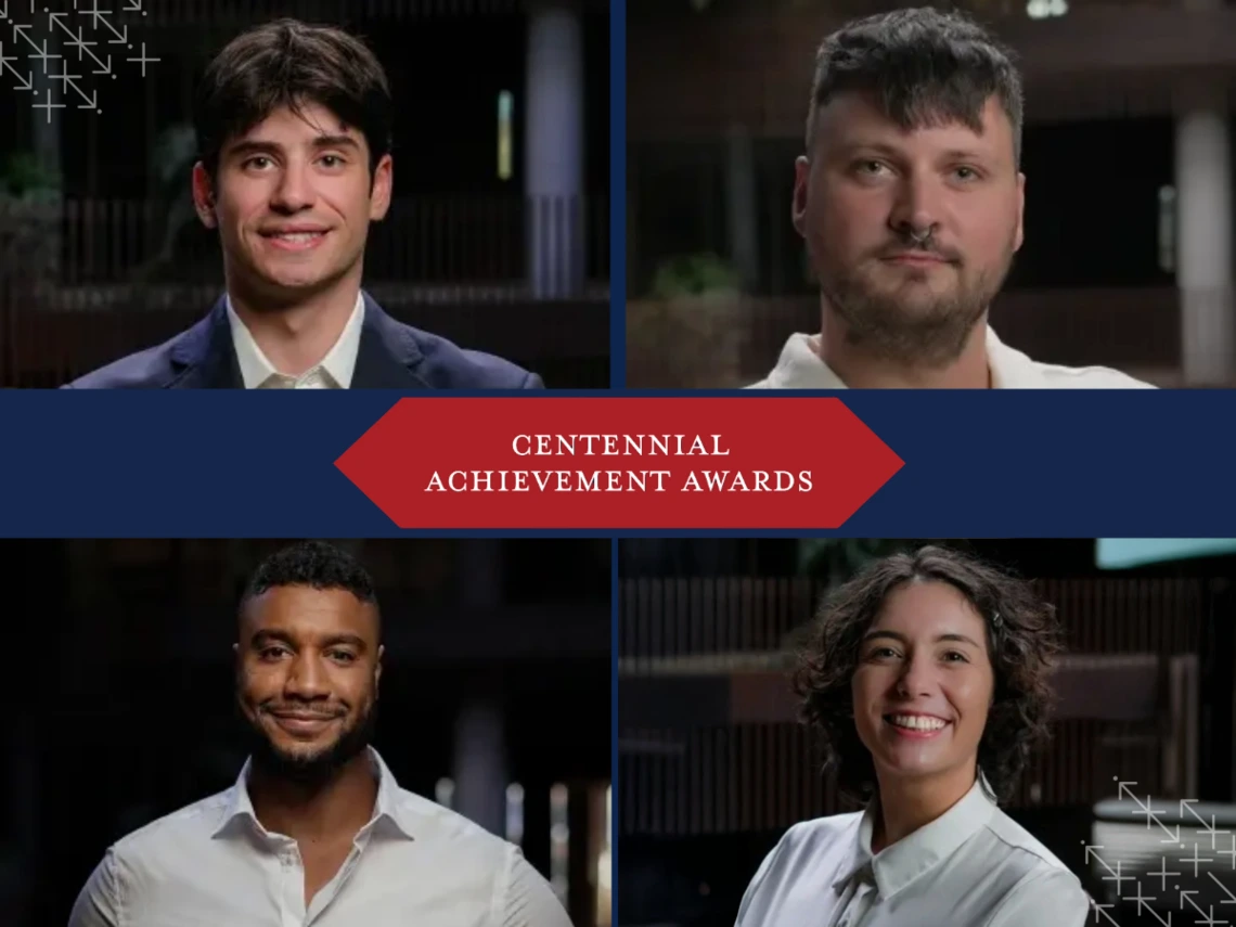 A four-panel collage featuring portraits of four adults. The top left shows a young man in a suit smiling at the camera. The top right shows a man with short dark hair and a beard wearing a light-colored shirt. The bottom left shows a man with short curly hair and a trimmed beard wearing a white shirt and smiling warmly. The bottom right shows a woman with short curly hair wearing a white blouse and smiling. A blue banner with a red diamond-shaped center runs across the middle, displaying the text ‘Centenni