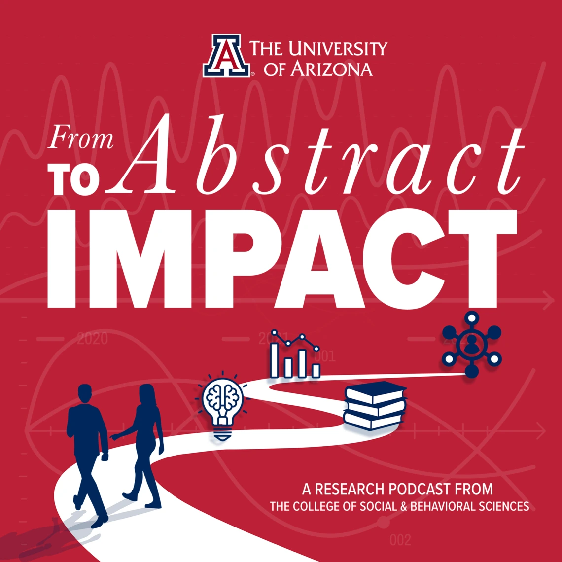 From Abstract to Impact. illustration of two people walking on path with lightbulb, books, research graph