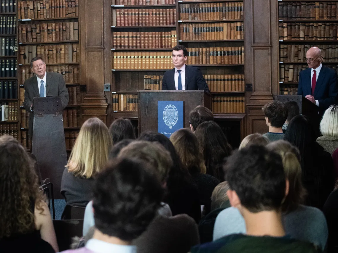 UA historian David Gibbs (at left) debated Michael Chertoff, former Secretary of Homeland Security, at Oxford Union on March 4, 2019, about humanitarian intervention.