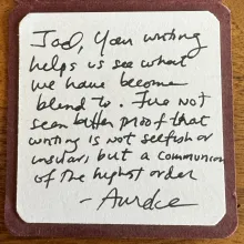 Handwritten note from Aurelie Sheehan to student Joel Hans