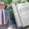 a young man wearing glasses and standing in a gray suit outside, is next to a superimposed picture of the article he helped write and is cited first on