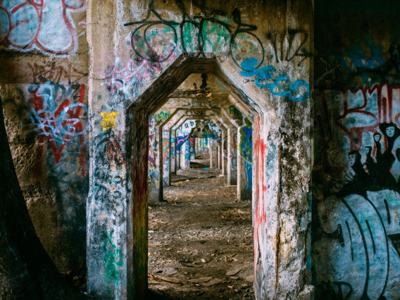 graffiti, corridor, building and arches in Philadelphia