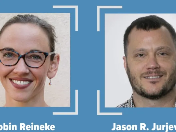 Photo of Robin Reineke and Jason Jurjevich on light blue background