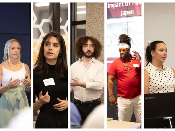 Photo montage of five students standing and presenting animatedly