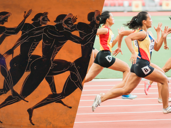A graphic on the left of ancient Olympians is next to a modern day photo of runners, both in the same kind of race.