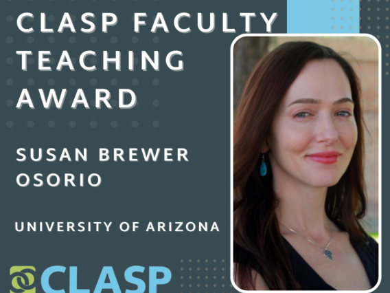 Photo of Susan Brewer-Osorio with text about her Clasp Faculty Teaching Award