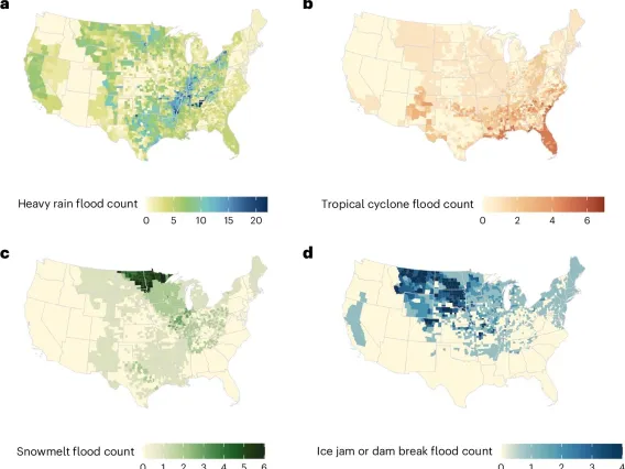 Graphic, provided by Nature Medicine, shows total count of flood events by cause between 2001-2018, using four geographical photos of the United States