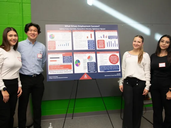 Four students stand around a presentation board titled "what drives employment success?"