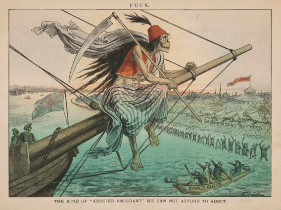 This political cartoon is captioned, "The kind of 'assisted emigrant' we can not afford to admit." Cartoon by Friedrich Graetz, published in Puck, July 18, 1883. 