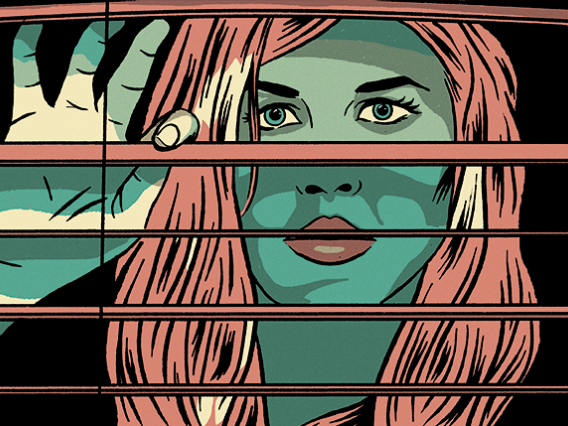 illustration of woman looking out of blinds