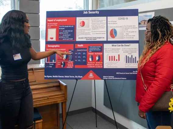 student presenting research on job security