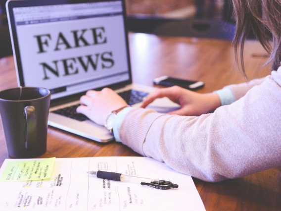 person at computer with the words 'fake news'