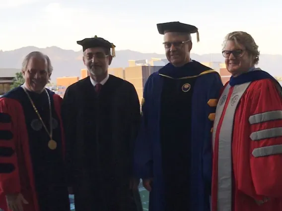 Photo of UA President Robert Robbins, Mohammed Sharaf, Eller Dean Paulo Goes, and SBS Dean J.P. Jones III