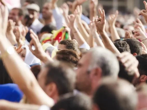 people holding up arms