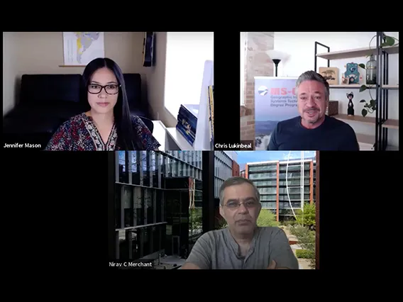 Zoom screen grab with Nirav Merchant, Chris Lukinbeal, and Jenny Mason