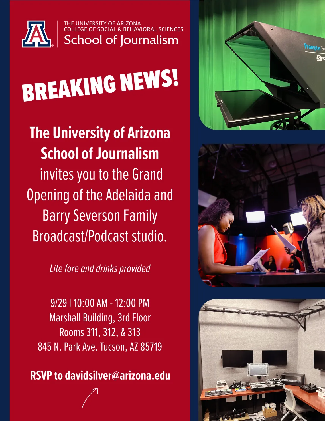 Flyer for the Grand Opening of the Adelaida and Barry Severson Family Broadcast/Podcast Studio. Includes three photos of the studio.