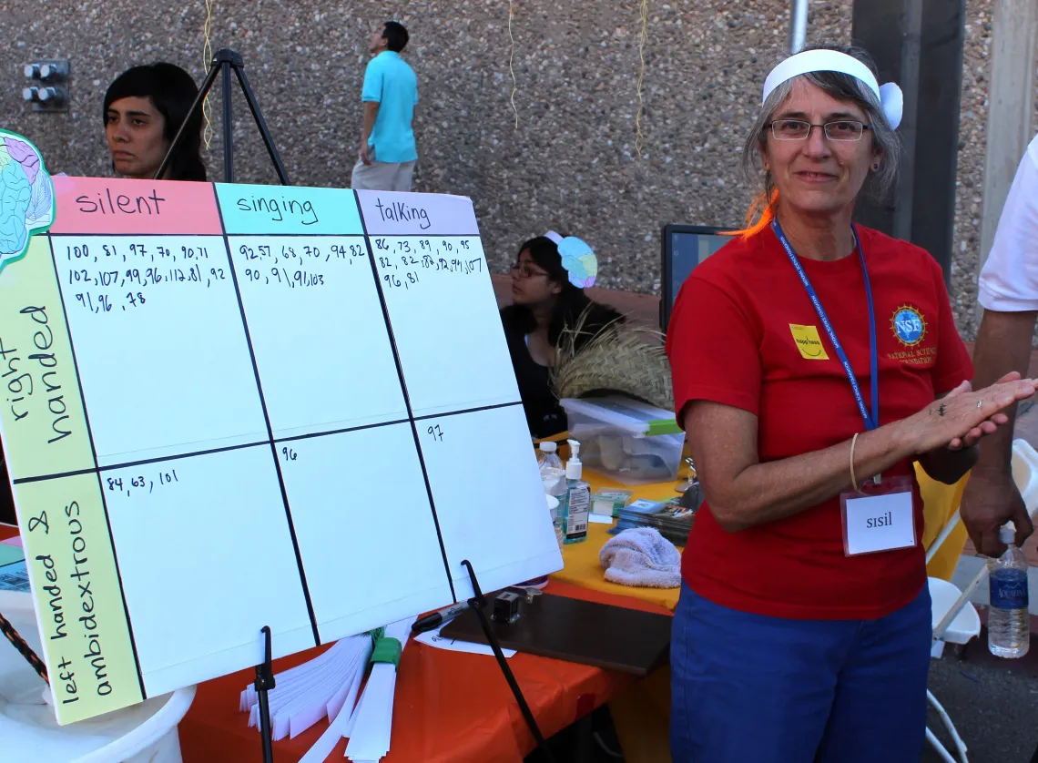 Cecile McKee standing next to a whiteboard