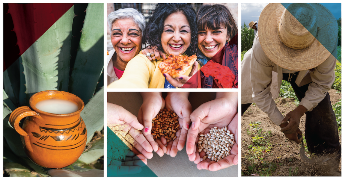 Montage photo of a mug, women smiling, hands holding food and a farmer
