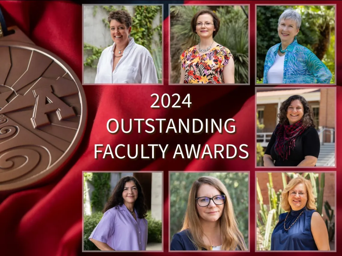 photo montage of seven female faculty and a graphic of a medal on red material