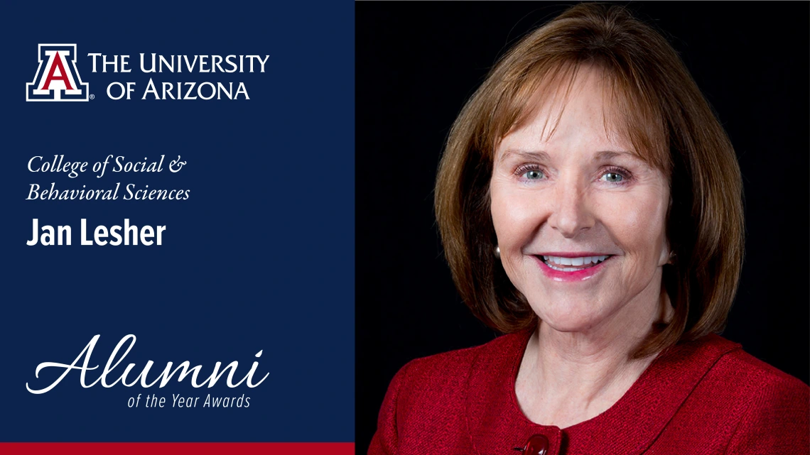 Photo of Jan Lesher on the right, wearing a red blouse. On the left is a blue background with the U of A logo and "Jan Lesher, Alumni of the Year" 