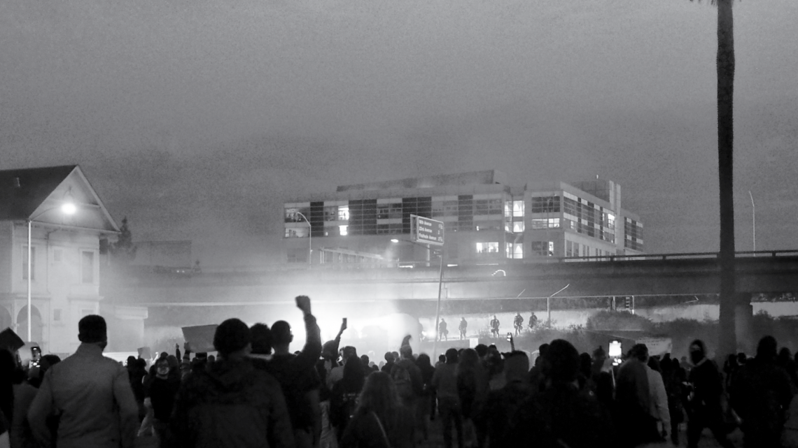 black and white photo of protests