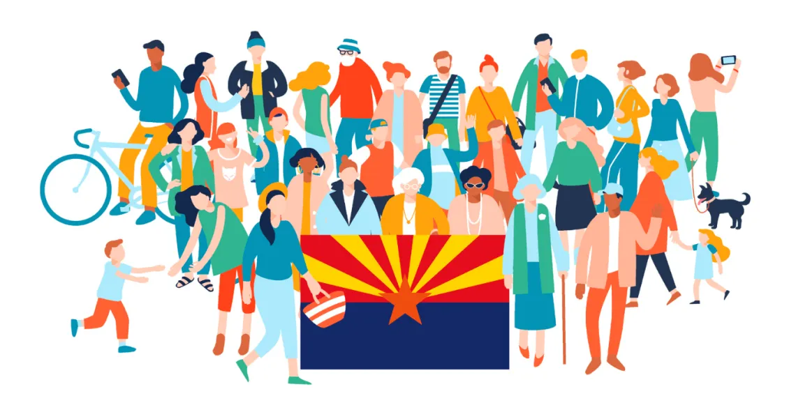 cartoon people by Arizona flag