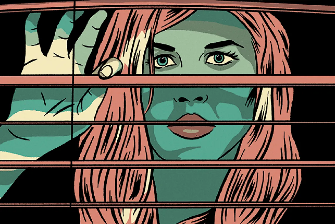 illustration of woman looking out of blinds