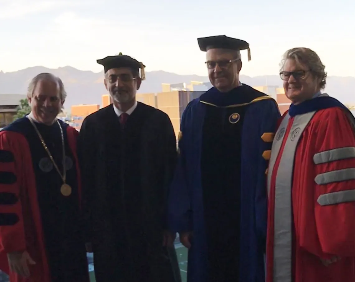 Photo of UA President Robert Robbins, Mohammed Sharaf, Eller Dean Paulo Goes, and SBS Dean J.P. Jones III