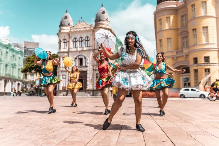 Frevo dancers at the street carnival in Recife, Pernambuco, Brazil.