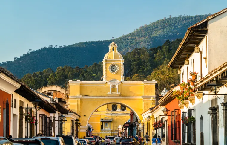 Arco de Santa Catalina and Volcan de Agua in Antigua Guatemala, Central America