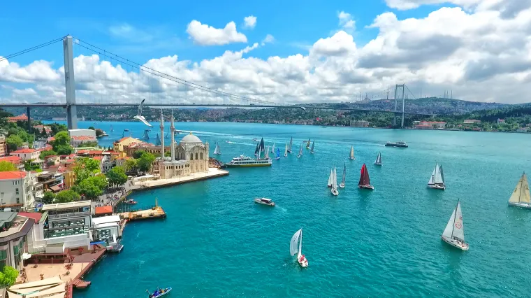 Skyline of Turkey with sailboats on coast