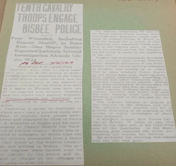 Photo of old newspaper clipping that says Tenth Calvary Troops Engage Bisbee Police