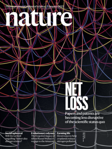 cover of Nature with the title "Net Loss: Papers and Patentns becoming less disruptive"
