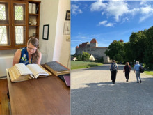 Abby Gibbons reading a book and walking to Harburg Castle in Germany