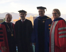 Photo of UA President Robert Robbins, Mohammed Sharaf, Eller Dean Paulo Goes, and SBS Dean J.P. Jones III
