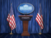 The White House press room, with two American flags flanking the podium