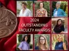 photo montage of seven female faculty and a graphic of a medal on red material